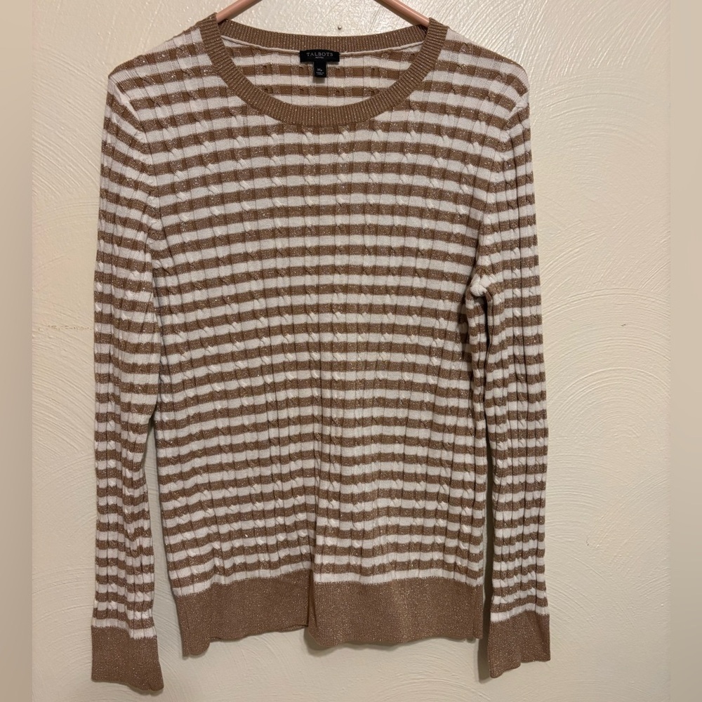 Talbots Pullover Sweater Gold Metallic Sparkle Shimmer Striped Knit Top Size PM